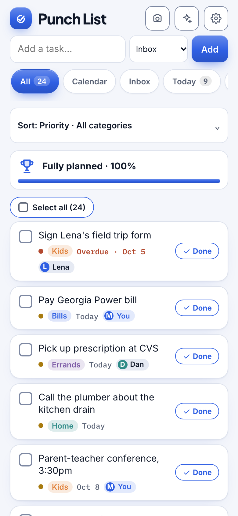 Punch List list with tasks created from forwarded emails