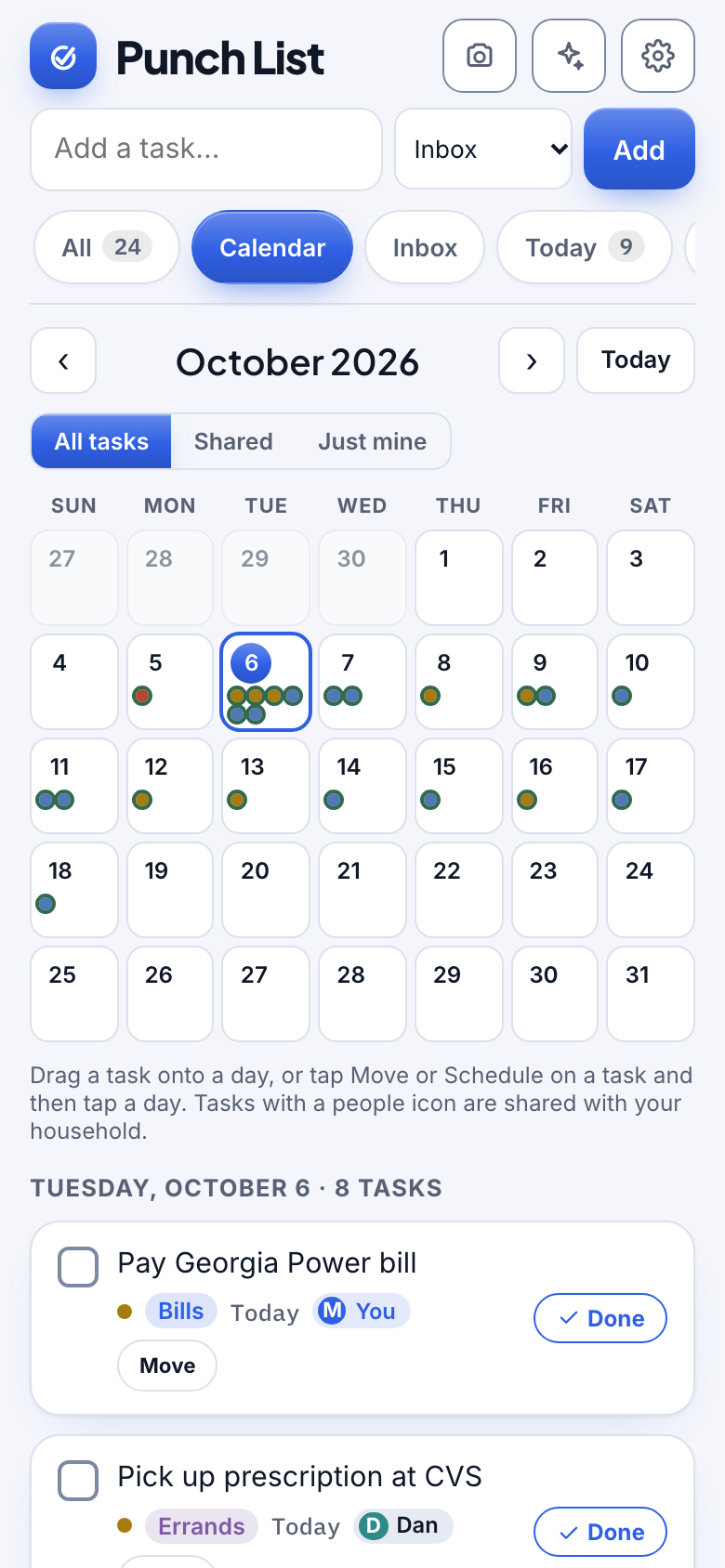 Punch List calendar view with tasks on their due dates
