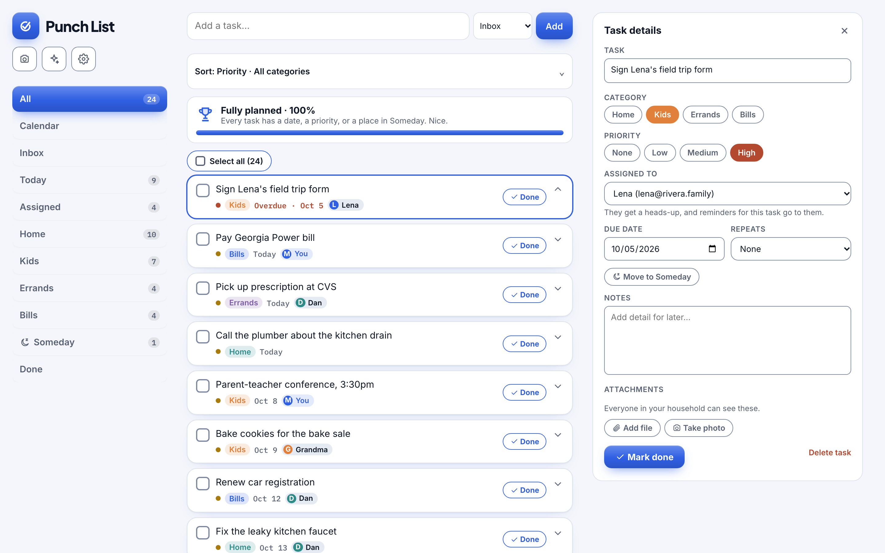 Punch List on a computer with lists, tasks and details side by side