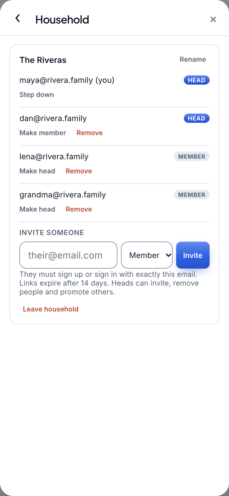 Punch List showing shared household categories