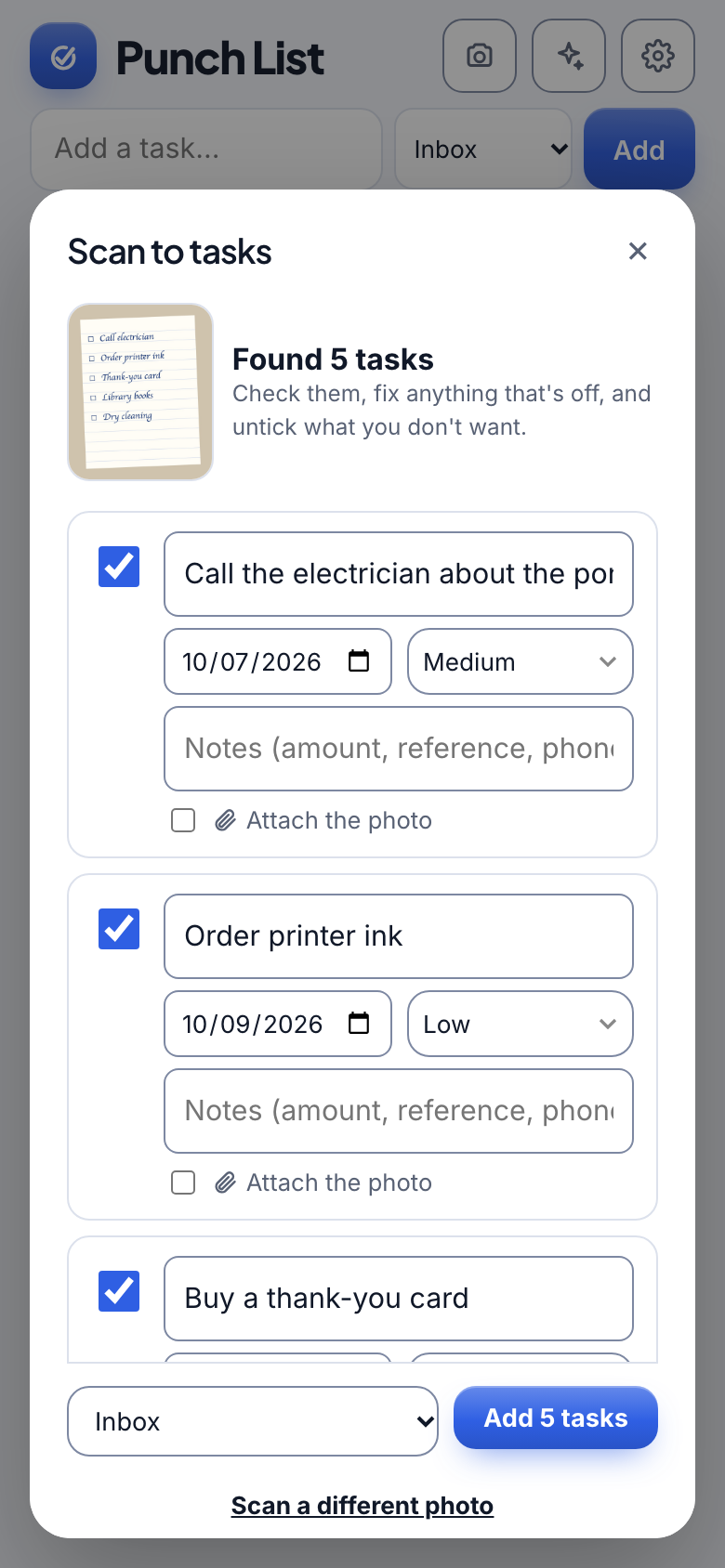Punch List showing five tasks found in a photo of a handwritten list