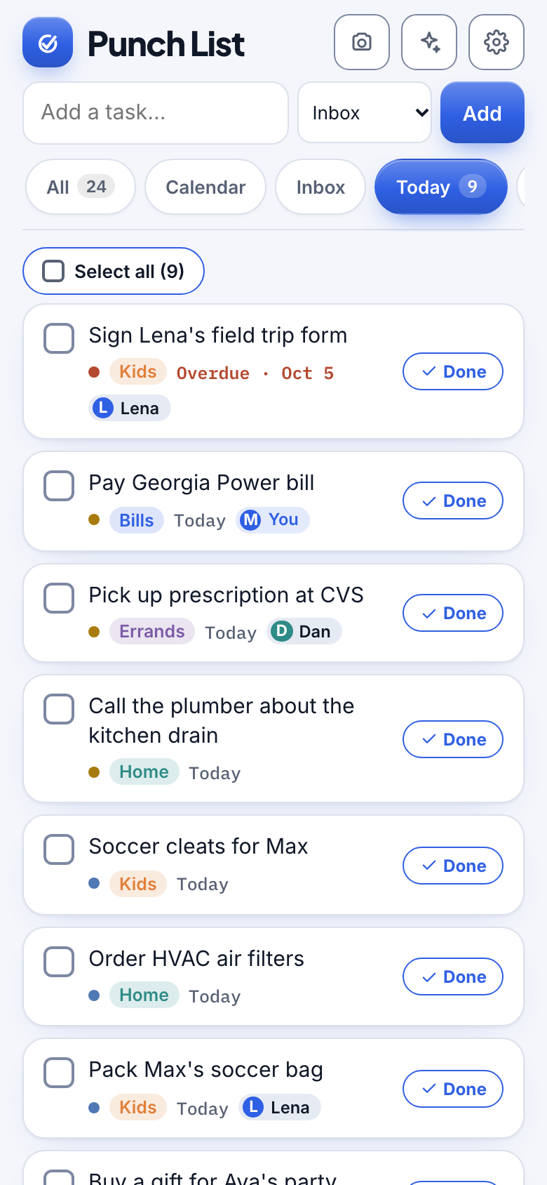 Punch List showing today's tasks for a family
